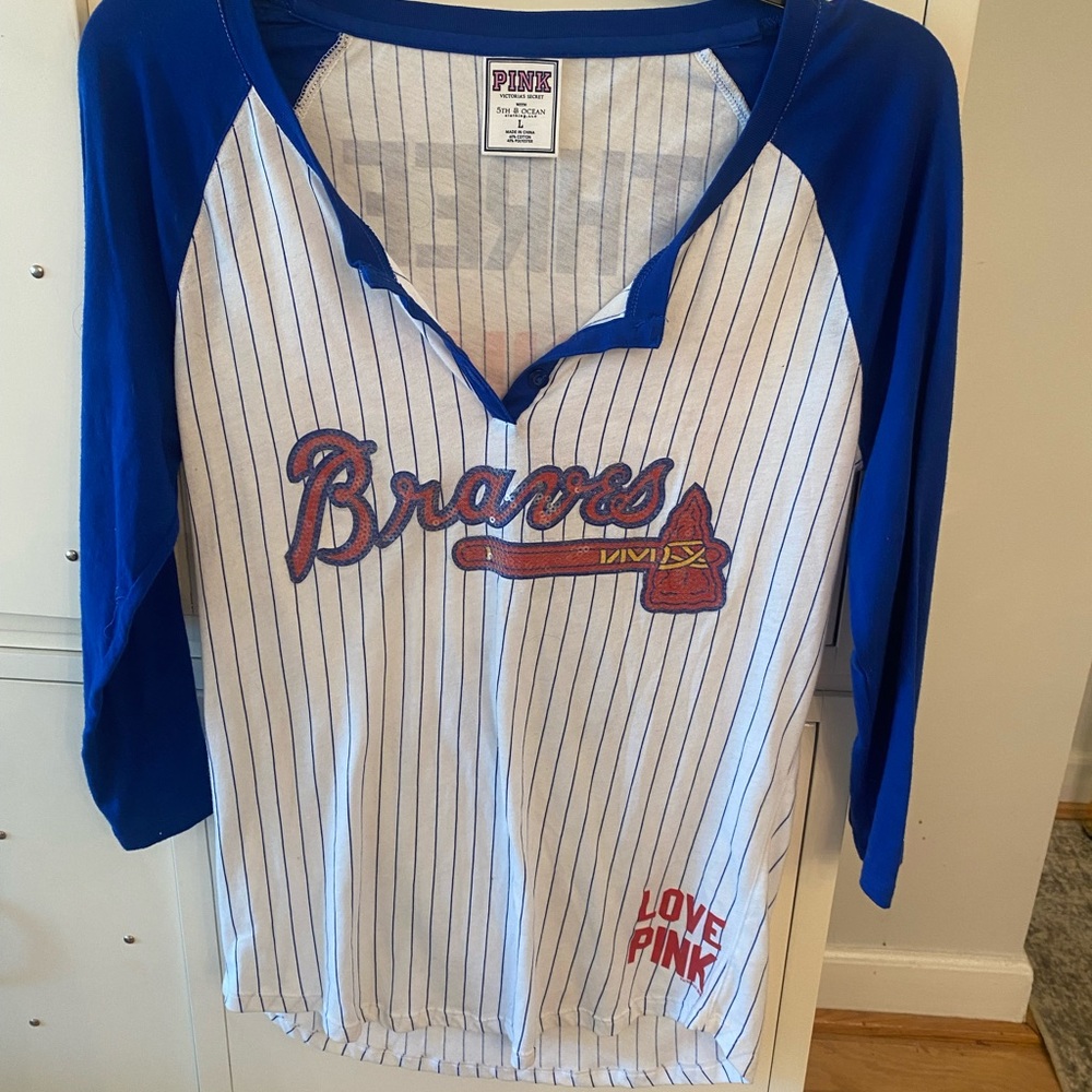PINK Victoria's Secret Braves Blue and White Baseball Raglan Top